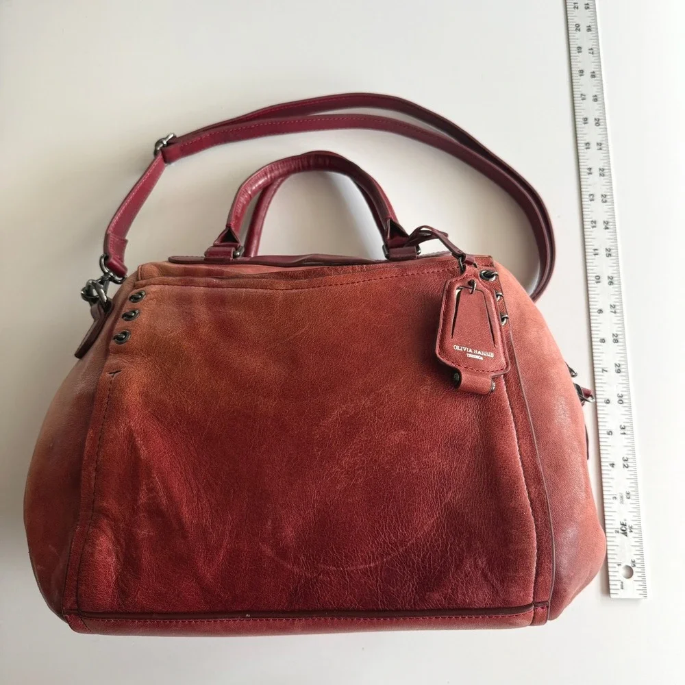 Olivia Harris Double Top Satchel Distressed Red Leather Shoulder Bag Purse - Picture 13 of 14